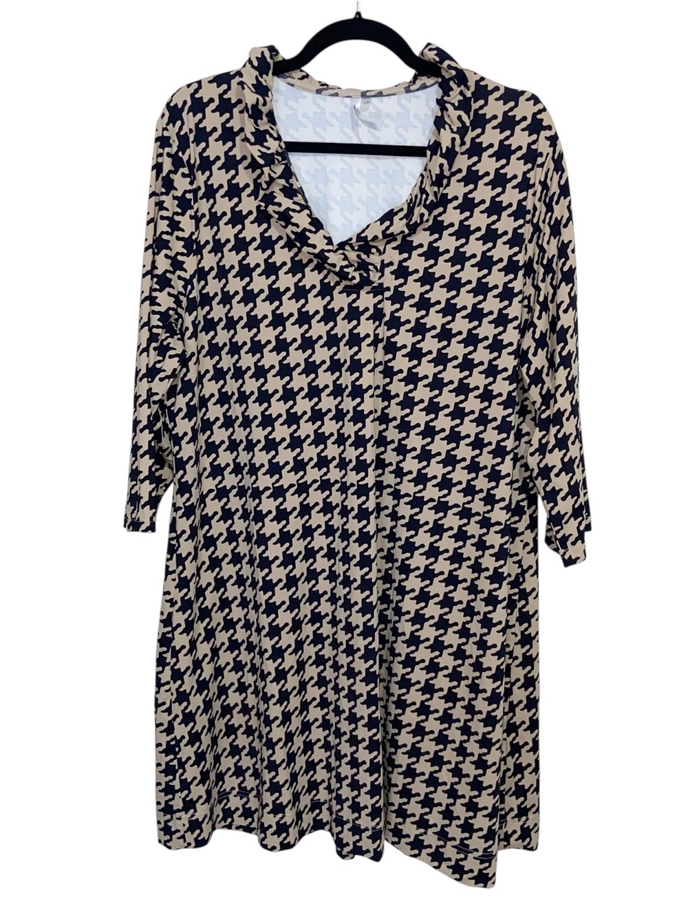 Lulu-B Dress Womens Size 1X Tan Black Houndstooth Ruffle Neck Smooth Stretch